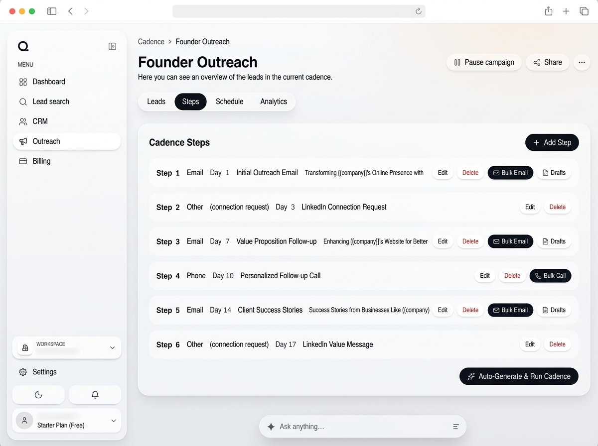 Quickpipe Founder Outreach cadence with automated email, LinkedIn, phone and client success steps